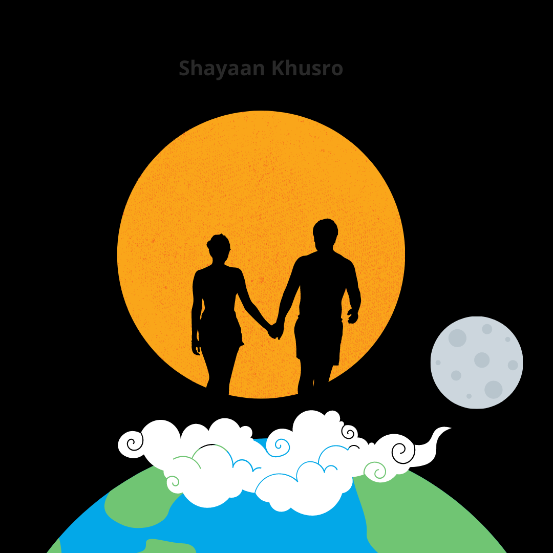 couple, space. earth, sun. moon